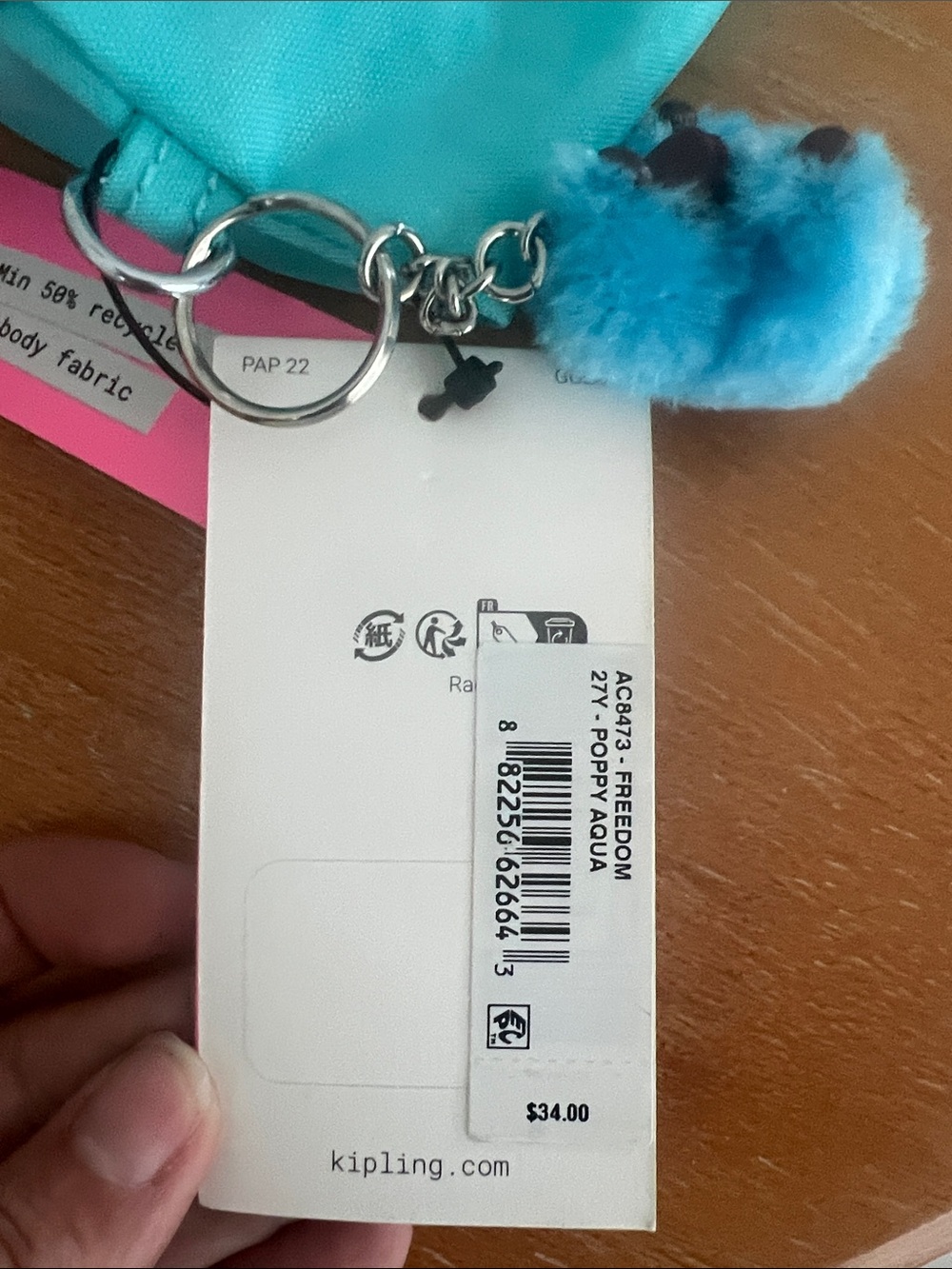 Kipling Bright Turquoise Kids Pencil Pouch with Plush Monkey Charm - Picture 3 of 3